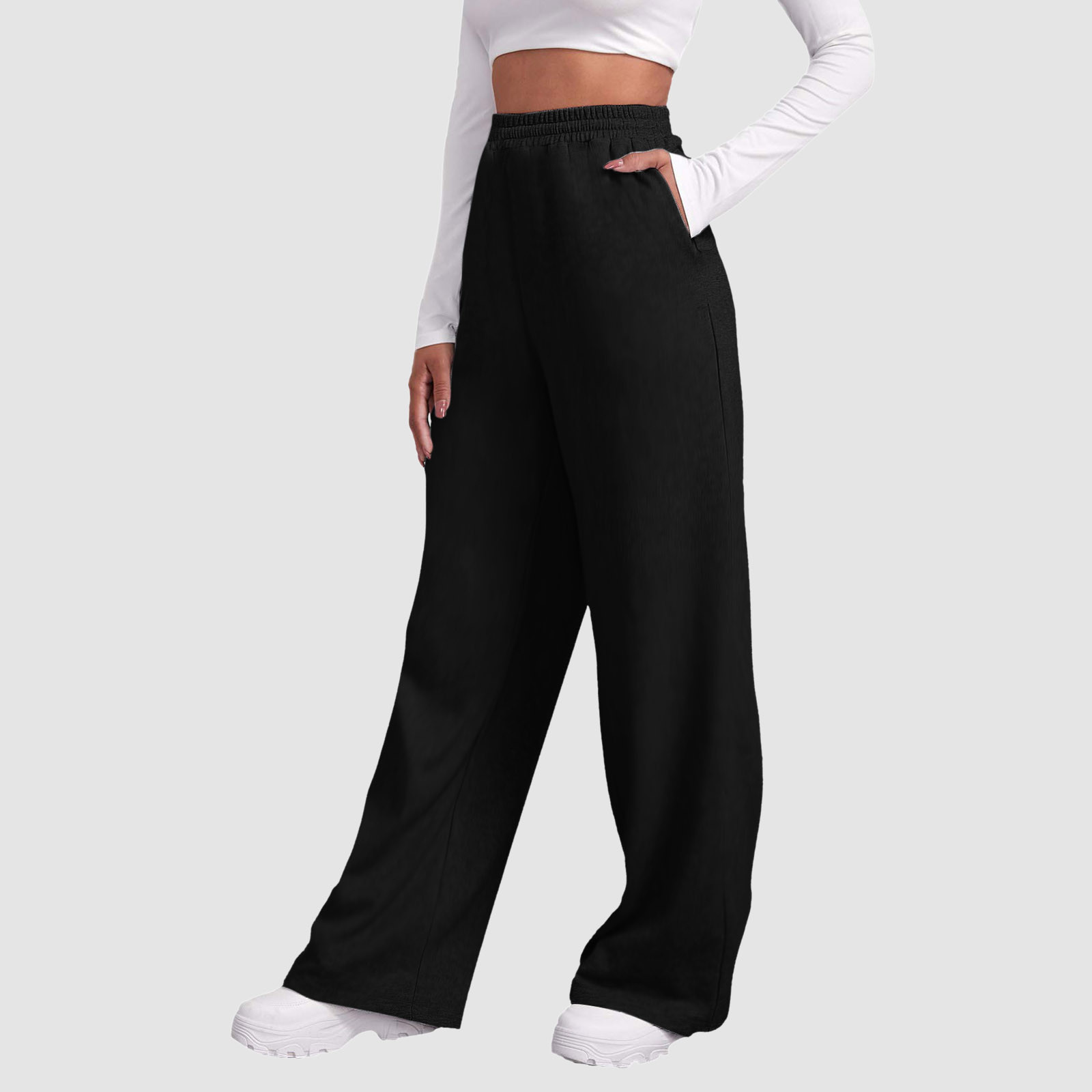 thumbnail image 3 of Pantalones de chándal con forro polar para mujer: cintura alta, pierna ancha y bolsillos; poliéster ligero para primavera/otoño; diseño con lazo delantero; informal/trabajo/yoga; tallas S-XXL., 3 of 7